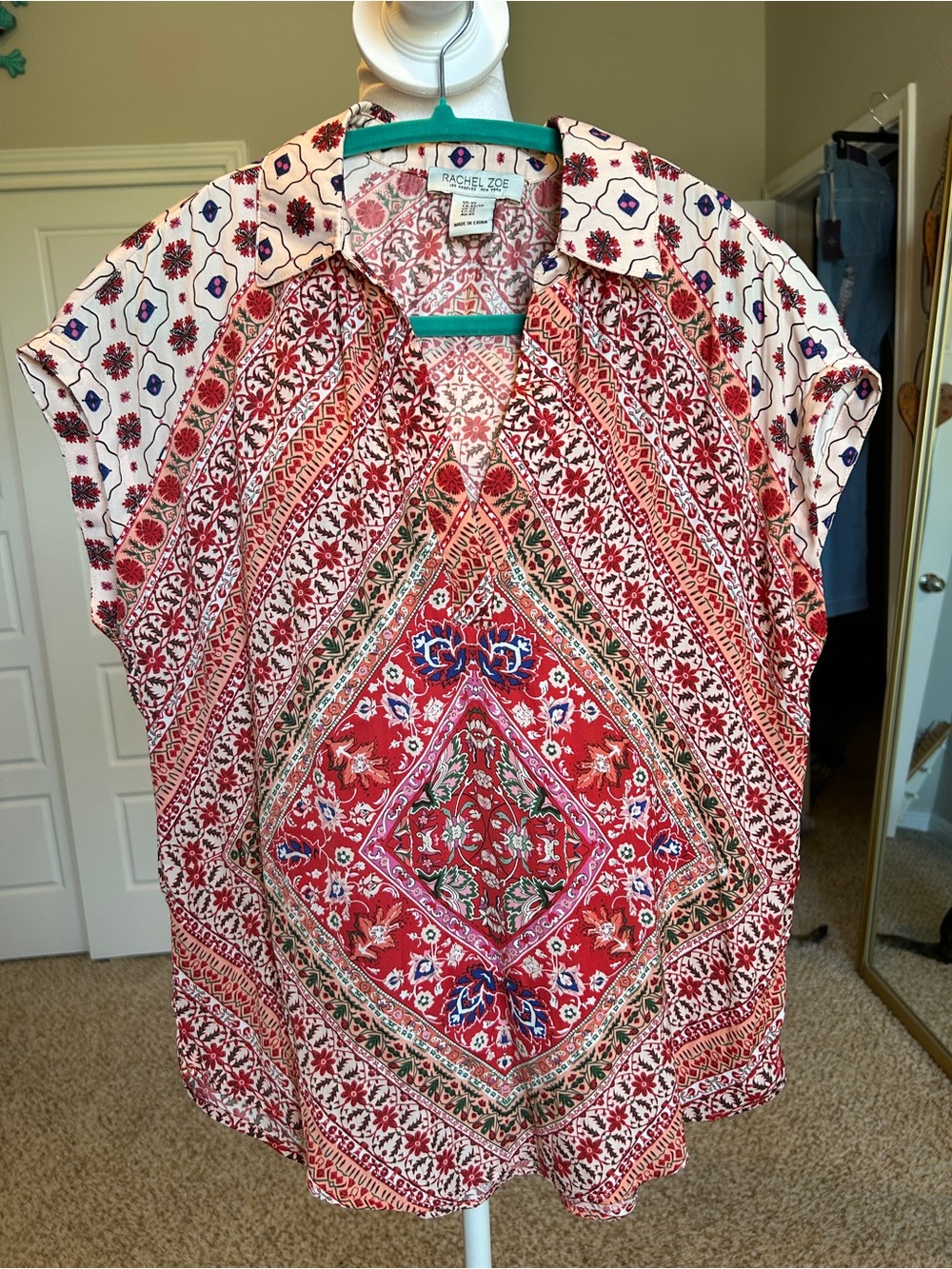 Rachel Zoe Bandana Medallion Blouse Boho Red Floral Cap Sleeve Top XS
